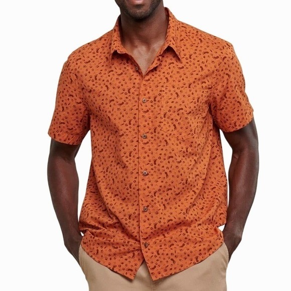 Toad&Co Tops - Toad&Co Button Up Fletch Shirt XL Short Sleeve Orange Track Print Organic Cotton